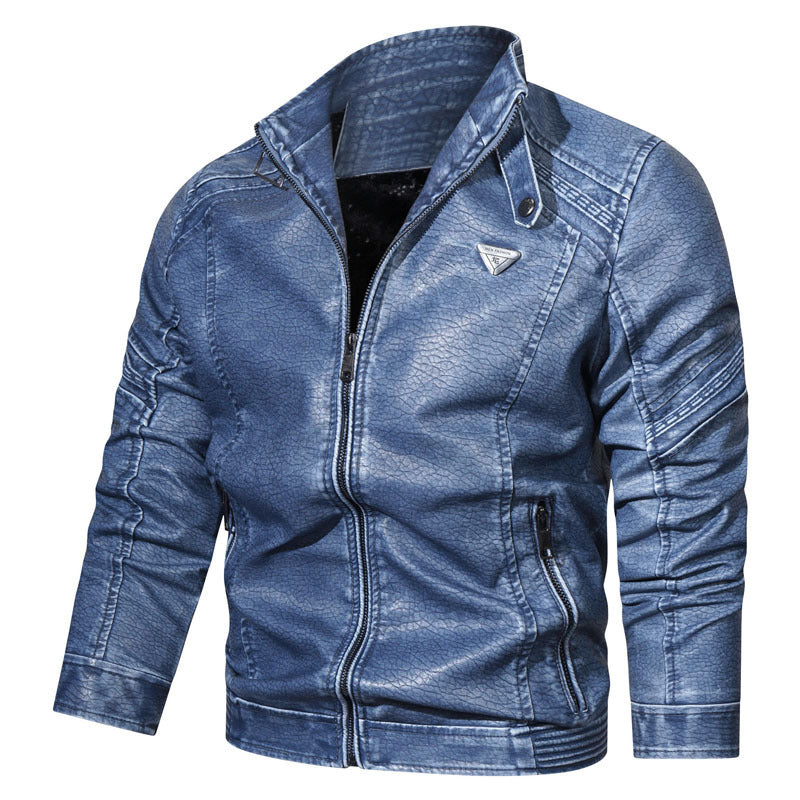 Men's Faux Leather Bomber Jacket in Used Denim Look with Stand Collar and Zipper Pockets Chichicherry