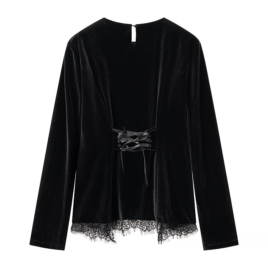 Women's Velvet Long Sleeve Shirt with Lace Trim and Curved Hem Chichicherry