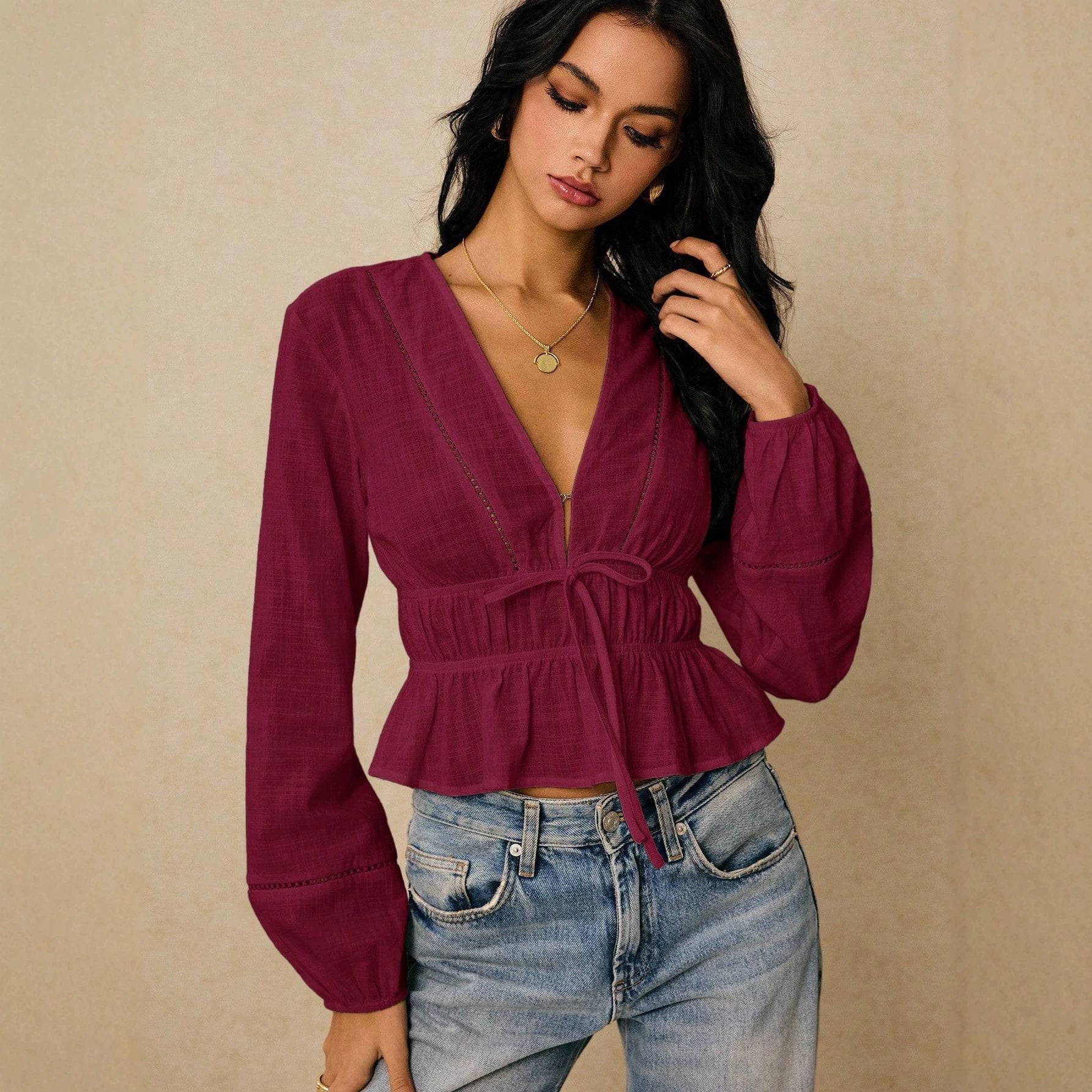 Women Deep Cut Blouse with Drawstring Waist, Ruffled Hem and Decorative Hole Embroidery Chichicherry