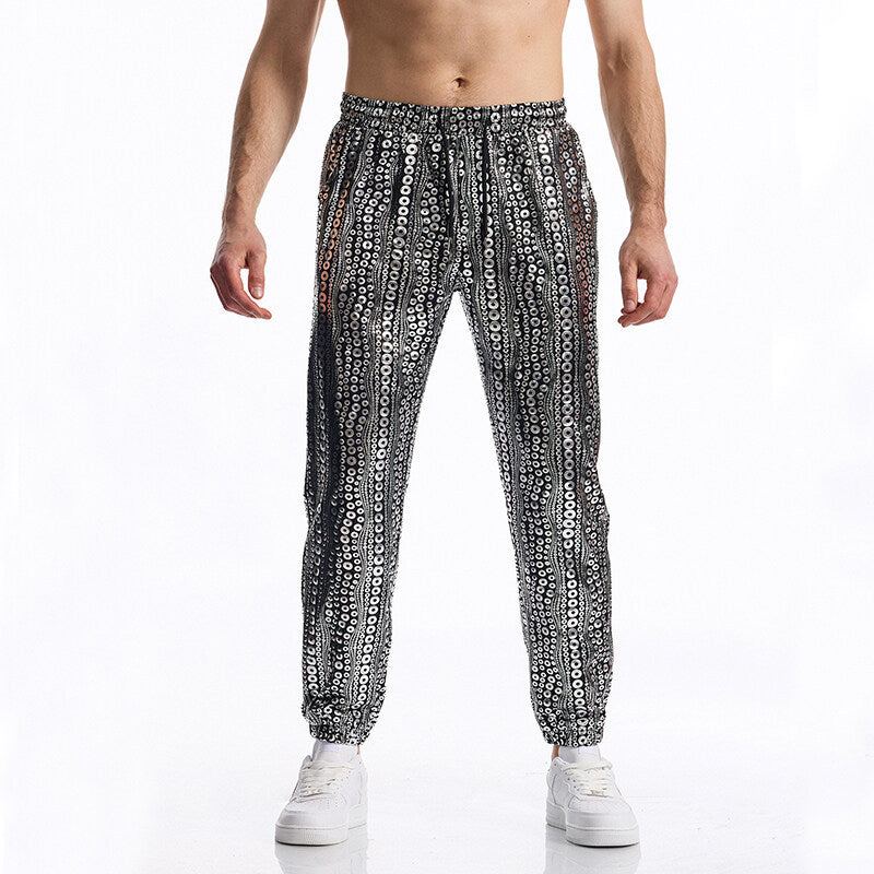 Men's Tapered Jogging Pants with Elastic Waistband, Drawstring and Metallic Circle Print Chichicherry
