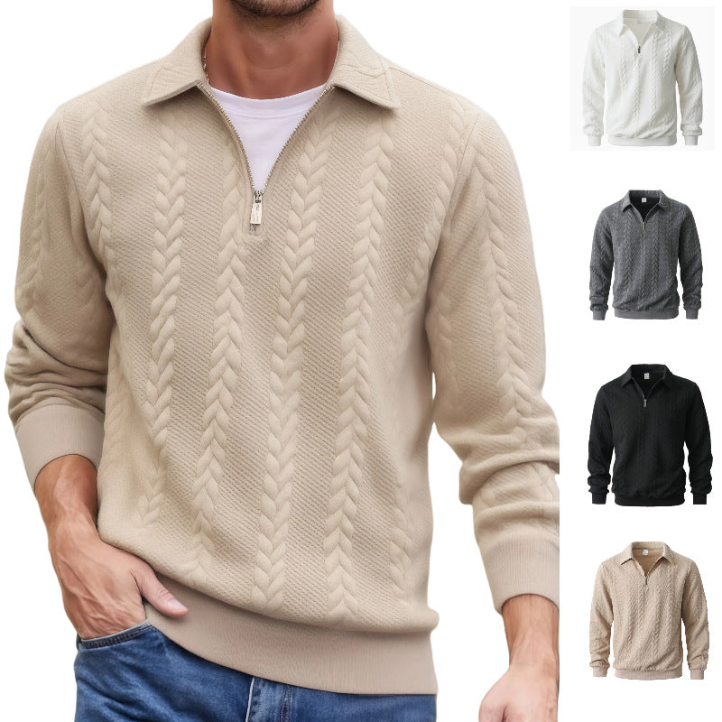 Men's fine structured cable knit sweater with short zipper and Kent collar Chichicherry