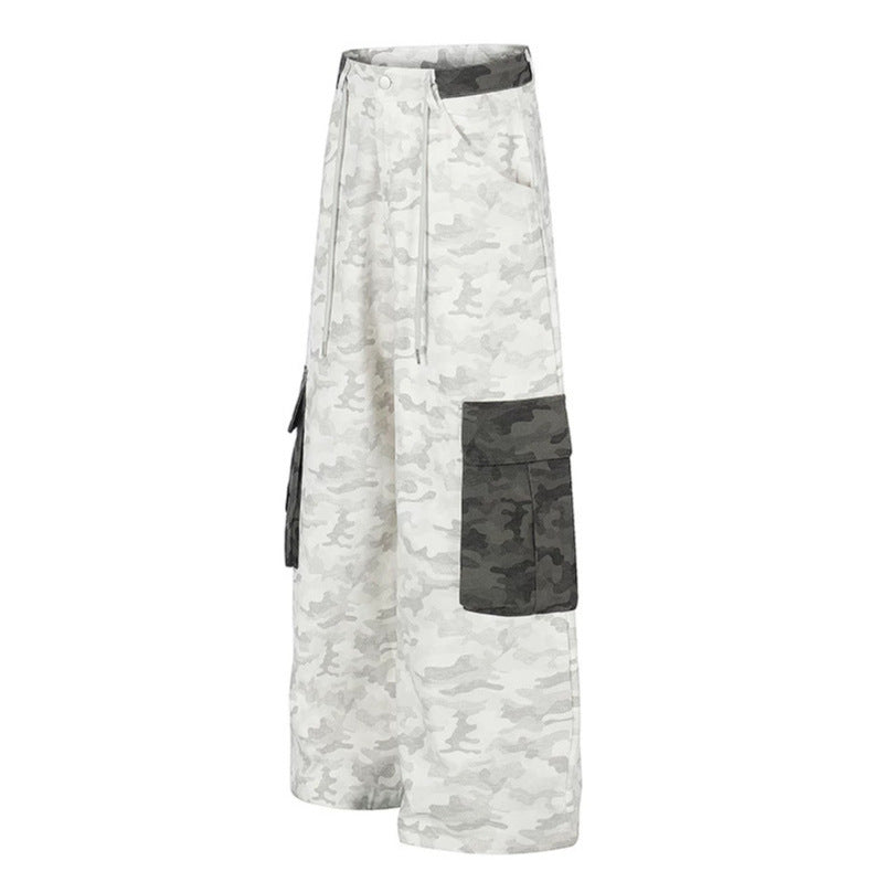 Women's Wide Cargo Pants with High Waist, Camouflage Print and Contrast Pockets Chichicherry