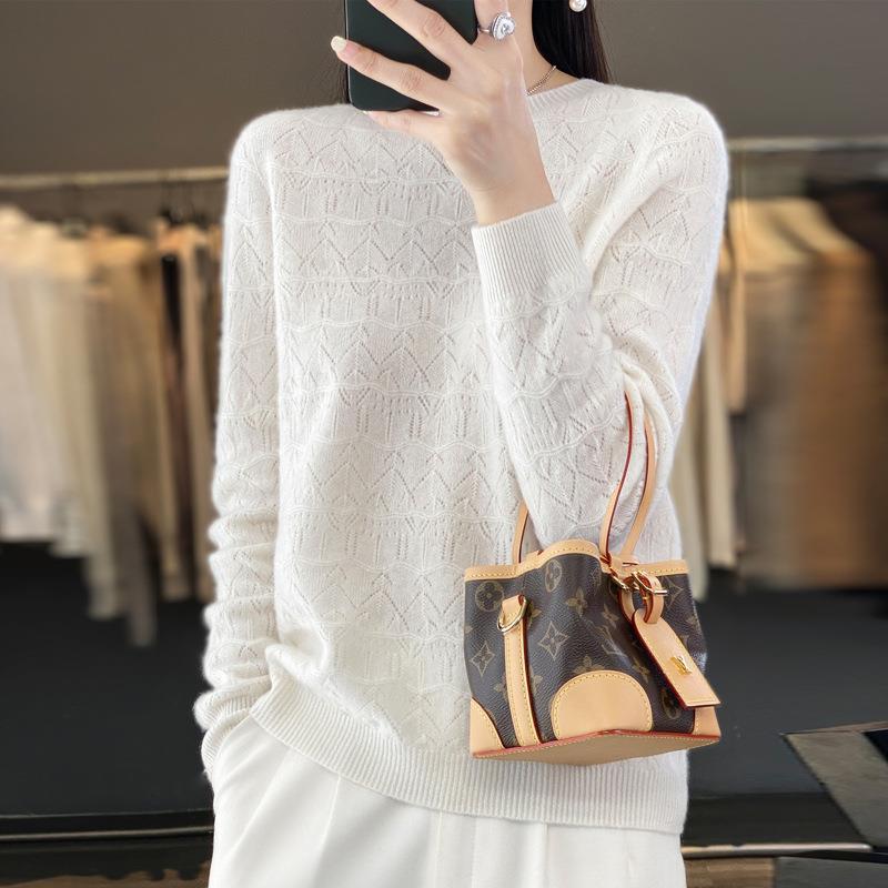 Ladies Cozy Fine Knit Sweater with Eyelet Diamond Pattern and Loose Fit Chichicherry