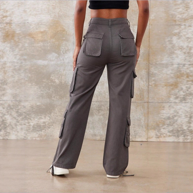 Women's Utility Cargo Pants with Wide Leg, Multiple Pockets and High Waist Fit Chichicherry