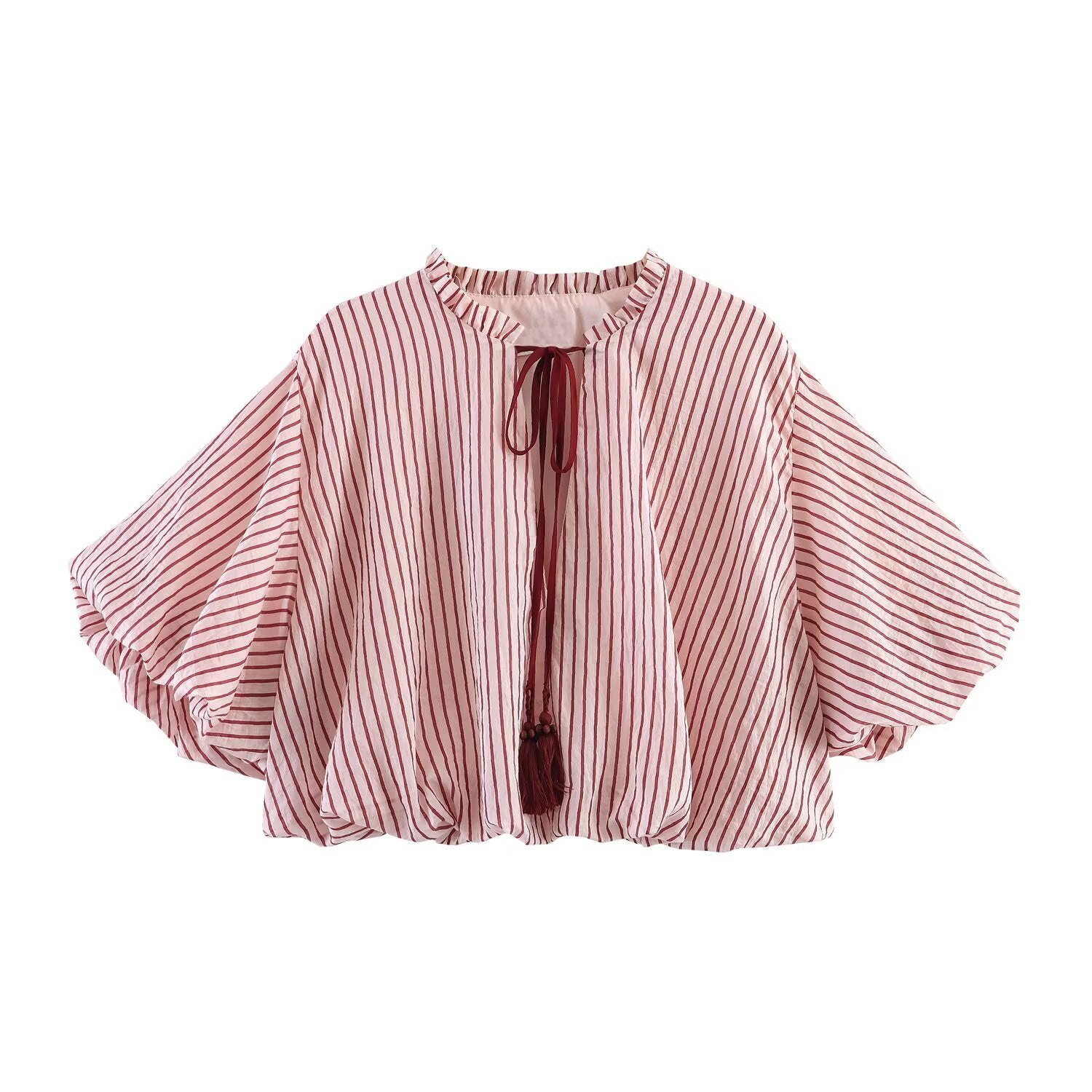 Women's Striped Oversize Blouse with Tassel Band and Volume Sleeves Chichicherry
