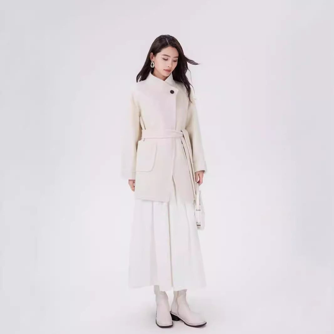 Women's Short Wrap Wool Coat with High Button Placket and Patch Pockets Chichicherry