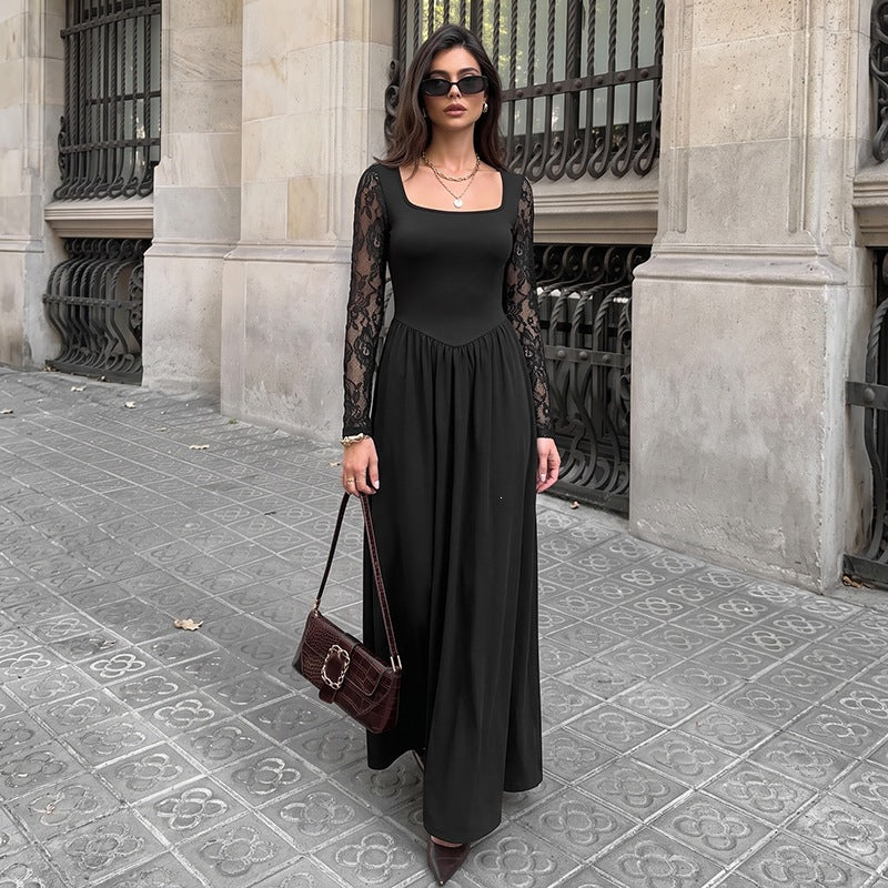 Women Figure-flattering Midi Dress with Lace Sleeves and Square Neckline Chichicherry