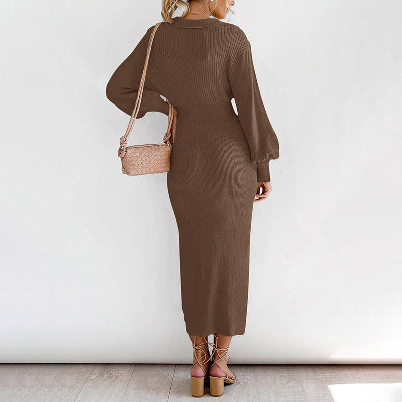 Women's midi dress made of ribbed knit with V-neck, shirt collar, balloon sleeves & tie belt Chichicherry