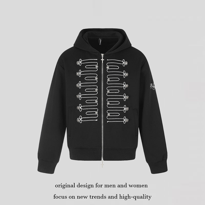 Unisex Zip-Hooded Jacket in Military Style with Decorative Cords and Metal Buttons Chichicherry