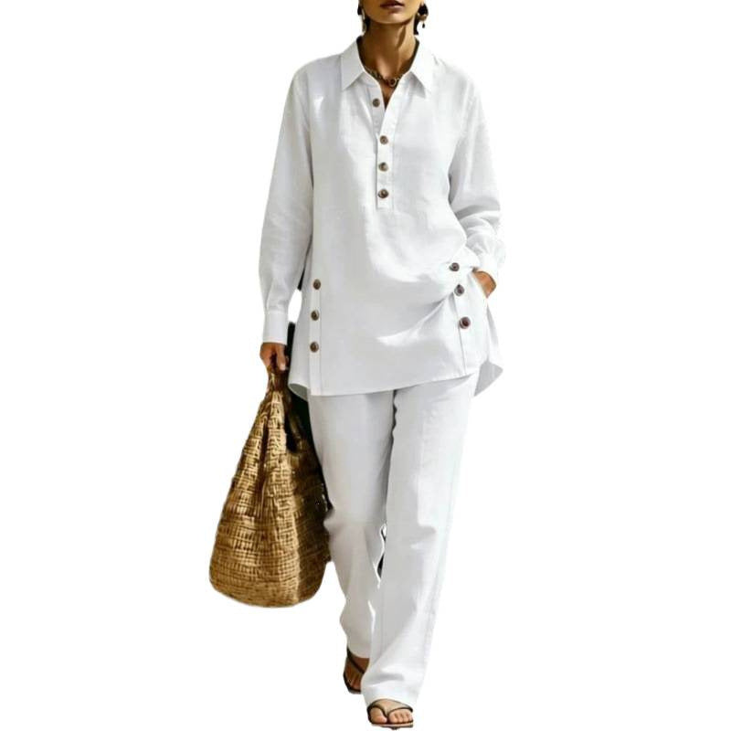 Women two-piece tunic set made of lightweight linen blend with shirt collar and side decorative buttons Chichicherry