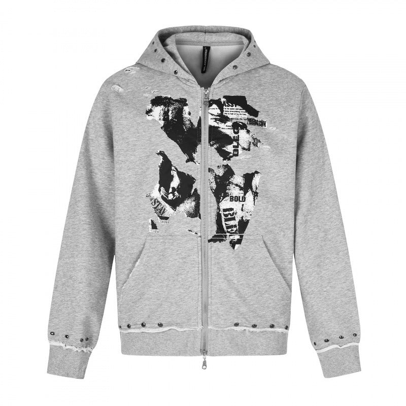 [Men] Hooded sweatshirt jacket with full zip, vintage print and studded details Chichicherry