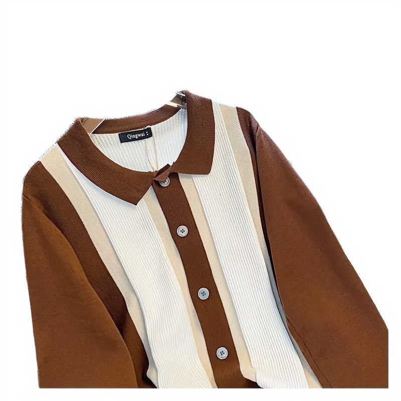 Damen Feinstrick-Cardigan mit Polokragen, kontrastierenden Rippeinsätzen und durchgehender Knopfleiste Chichicherry