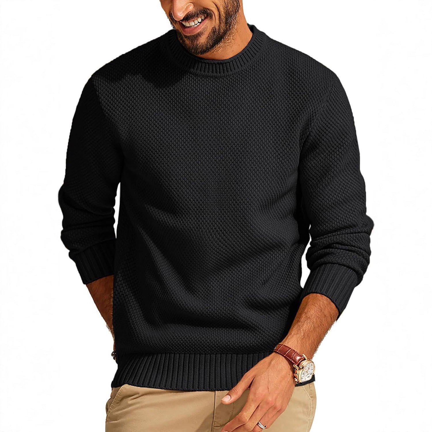 Men's Waffle Knit Sweater with Round Neck Chichicherry