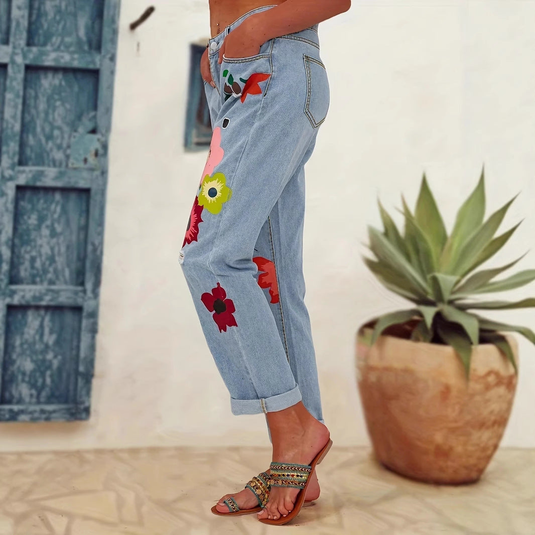 Ladies straight-cut jeans with colorful floral appliqués and light destruction details Chichicherry