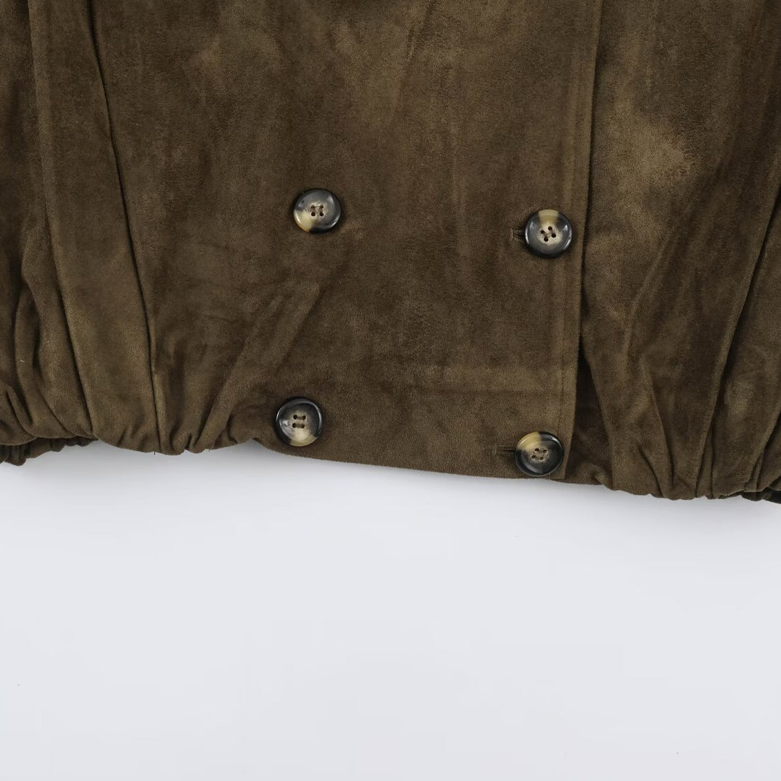 Women's Short-Cut Double-Breasted Suede-Look Bomber with Stand-Up Collar and Shoulder Patches Chichicherry