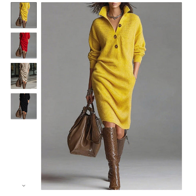 Women's ribbed midi dress with lapel collar, button placket, and patch pockets Chichicherry