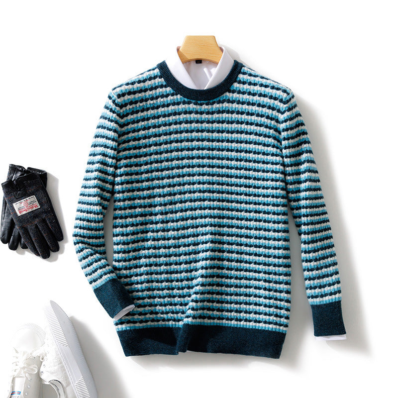 Men's fine-structured striped round neck pullover made of wool blend with ribbed cuffs Chichicherry