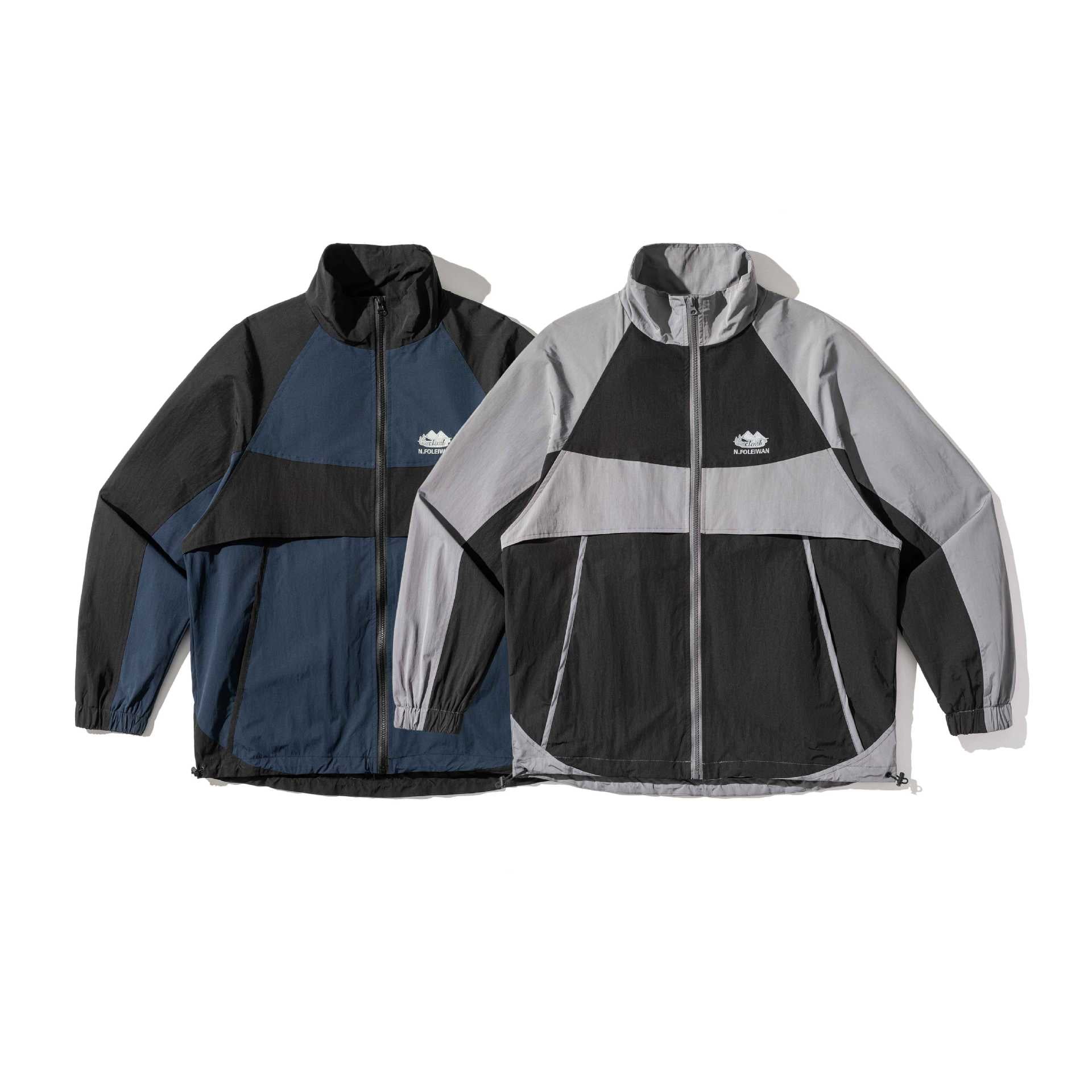 Unisex Lightweight Colorblock Windbreaker in Boxy Cut with High Stand-Up Collar and Drawstring Hem Chichicherry