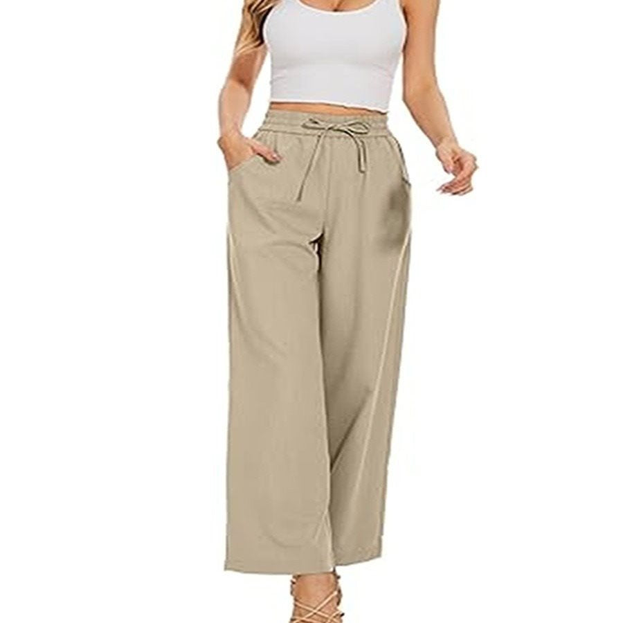 Women's wide linen pants with high elastic waistband, drawstring, and side pockets Chichicherry