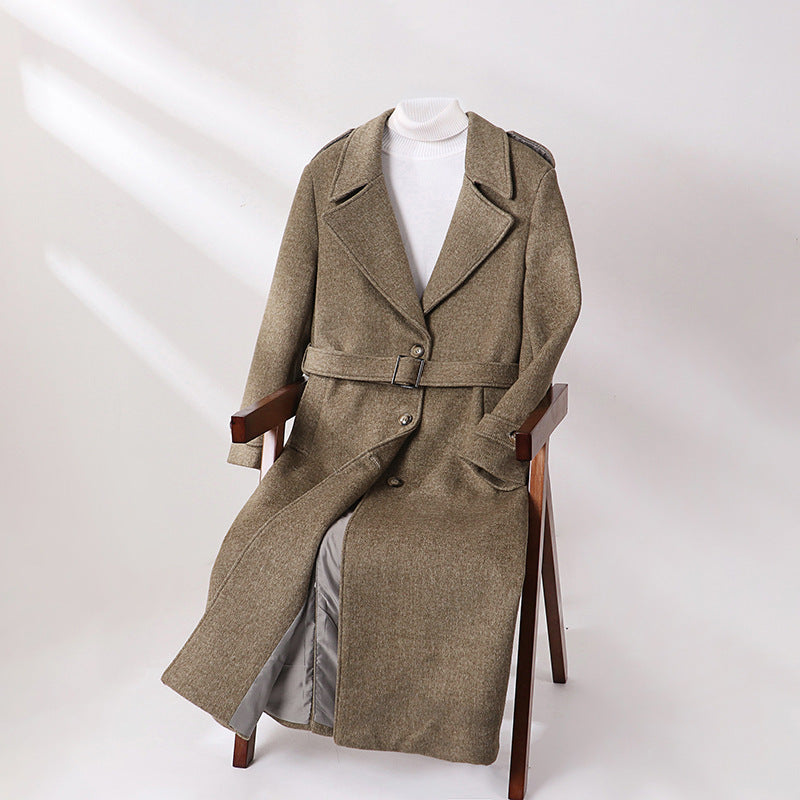 Men's Maxi-Length Wool Blend Overcoat with Boxy Silhouette, Shawl Collar and Decorative Epaulettes Chichicherry