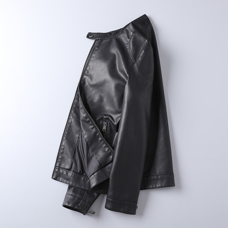 Men's Minimalist Faux Leather Blouson with Stand Collar and Side Zipper Pockets Chichicherry