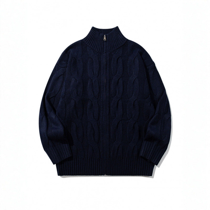 Unisex Chunky Knit Zip-up Cardigan with Cable Pattern and High Ribbed Collar Chichicherry