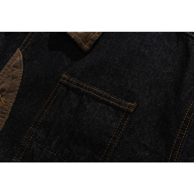 Men's Boxy Denim Work Jacket with Cord Collar, Flap Pockets and Elbow Patches Chichicherry