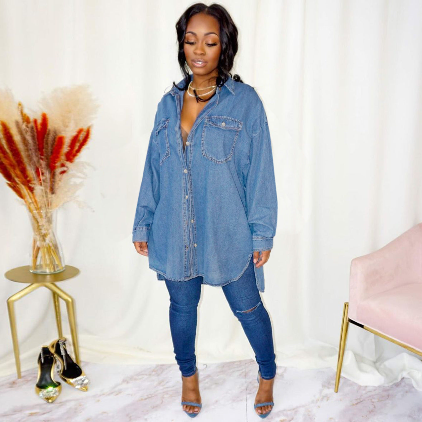 Women's Oversized Denim Shirt Jacket with Flap Pockets and Extended Cut Chichicherry