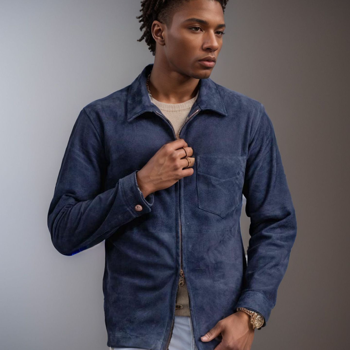 Men's suede leather jacket with stand-up collar and chest pocket Chichicherry