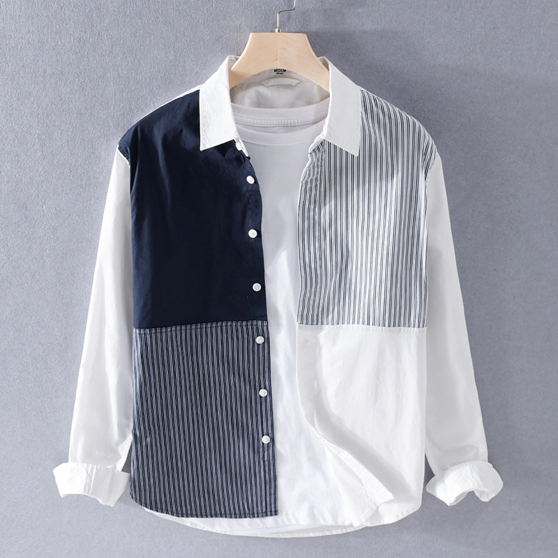 Men's Contrasted Patchwork Shirt with Block and Pinstripes Chichicherry