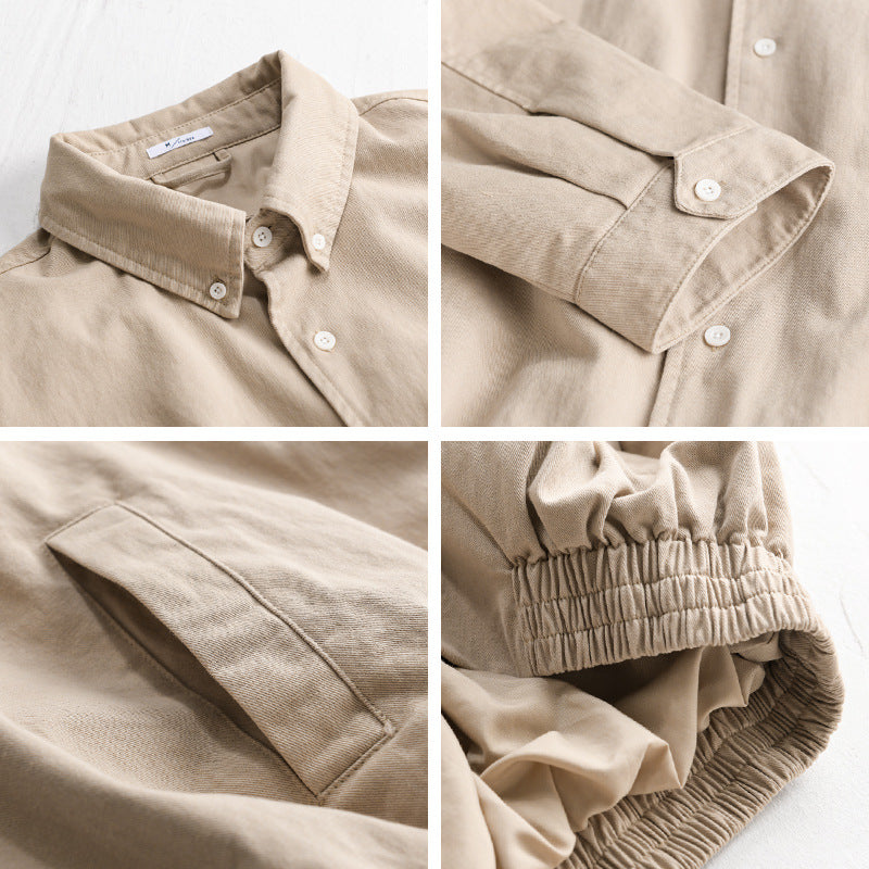 Men's Lightweight Cotton Utility Jacket with Button Placket and Elastic Hem Chichicherry