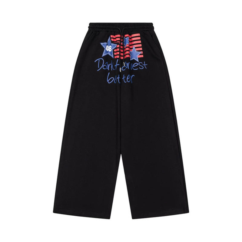 Women's Wide Culotte Lounge Pants with High Comfort Waistband, Drawstring and Star Flag Print Chichicherry