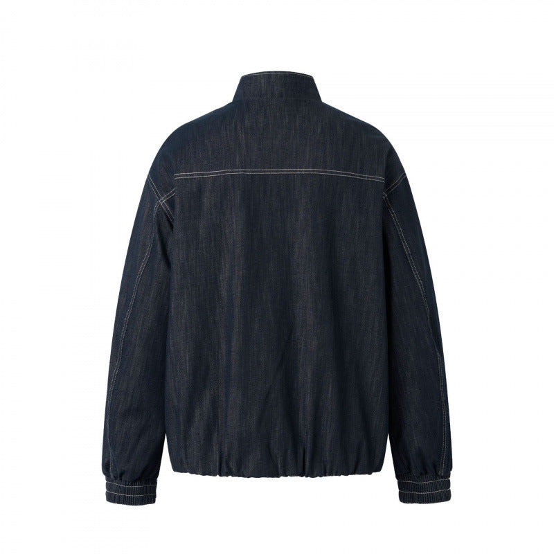 Unisex Boxy Jeans Bomber Jacket with Stand Collar, Zipper and Elastic Hem Chichicherry