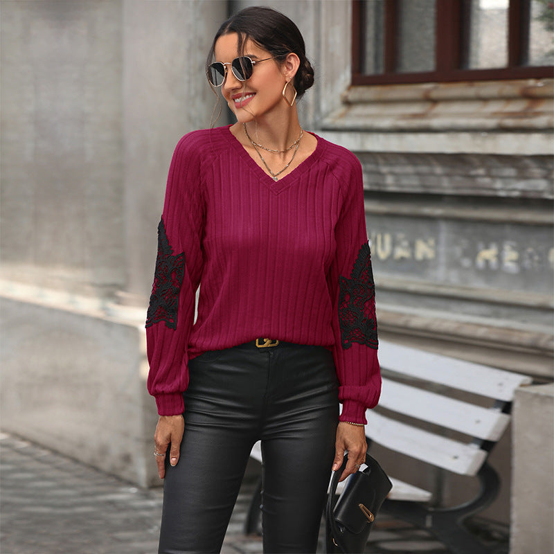 Women's Ribbed Long Sleeve with V-Neck, Lace Inserts at the Elbows and Balloon Sleeves Chichicherry