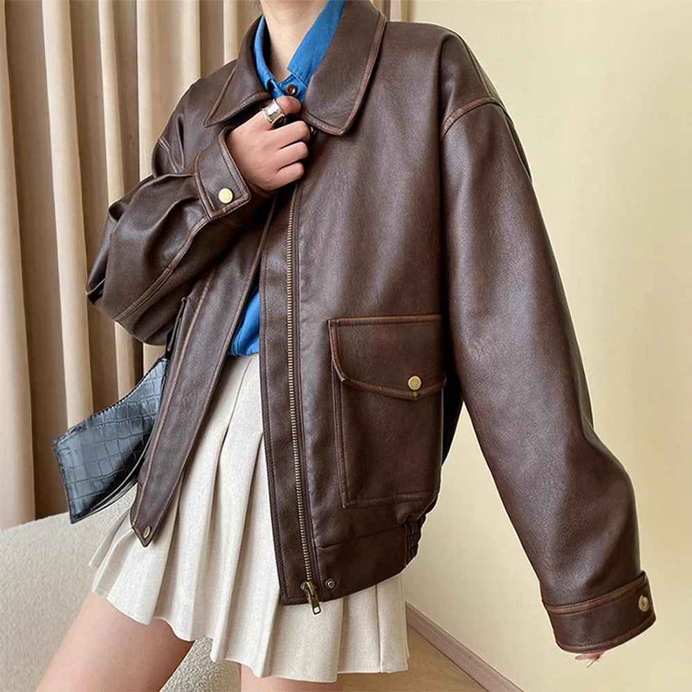 Women's Oversize Faux Leather Jacket with Shirt Collar and Zipper Chichicherry