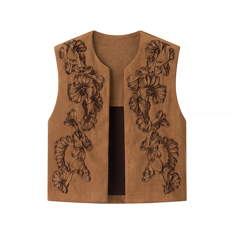 Ladies Embroidered Suede-Look Vest with Three-Dimensional Flower Appliqué Chichicherry