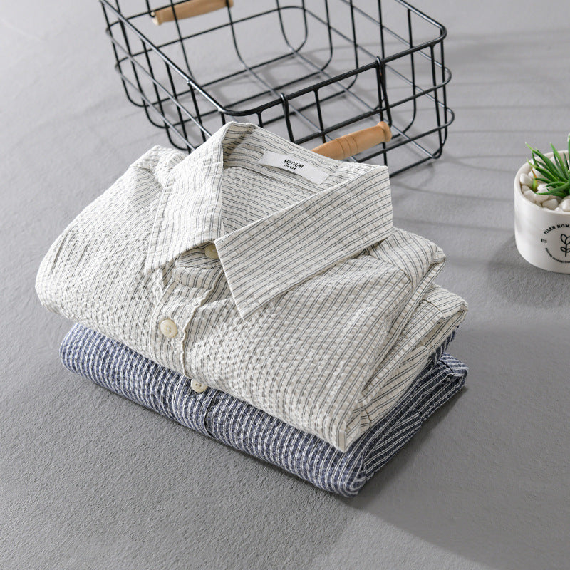 Men's Lightweight Overshirt in Pinstripe Look made of Linen-Cotton Blend with Patch Chest Pockets Chichicherry
