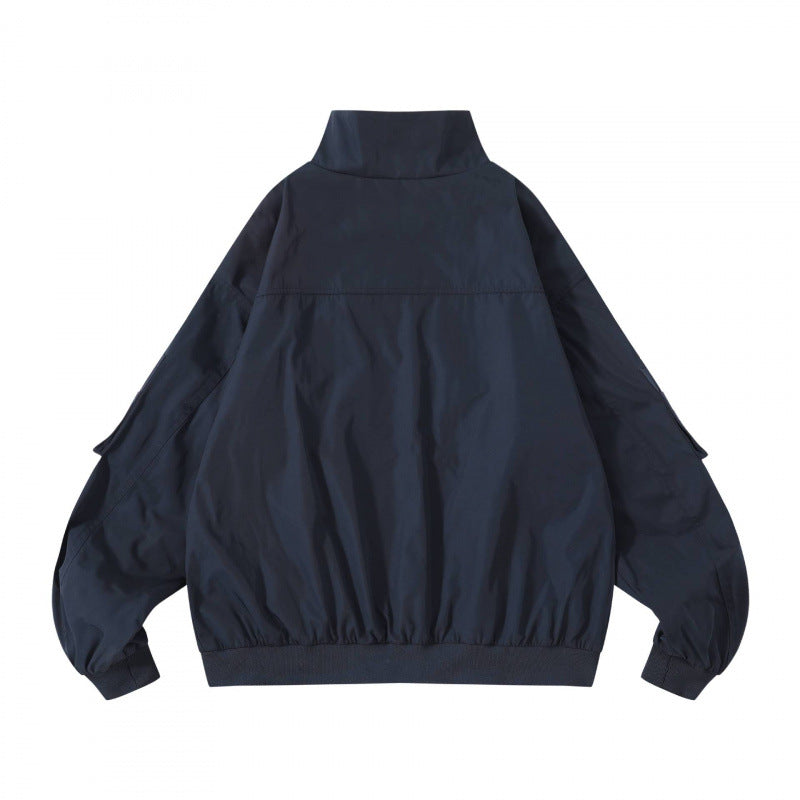 Unisex Kastige Utility Bomber Jacket with Stand Collar, Zipper and Sleeve Pockets Chichicherry