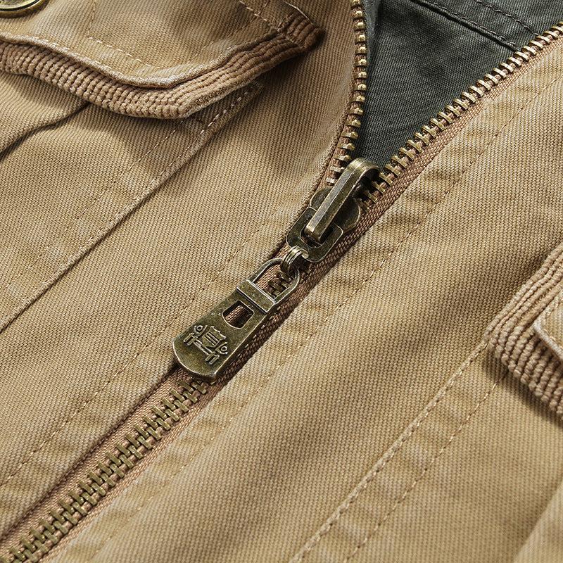 Men's Canvas Utility Vest with Multiple Pockets Stand Collar and Zipper Chichicherry