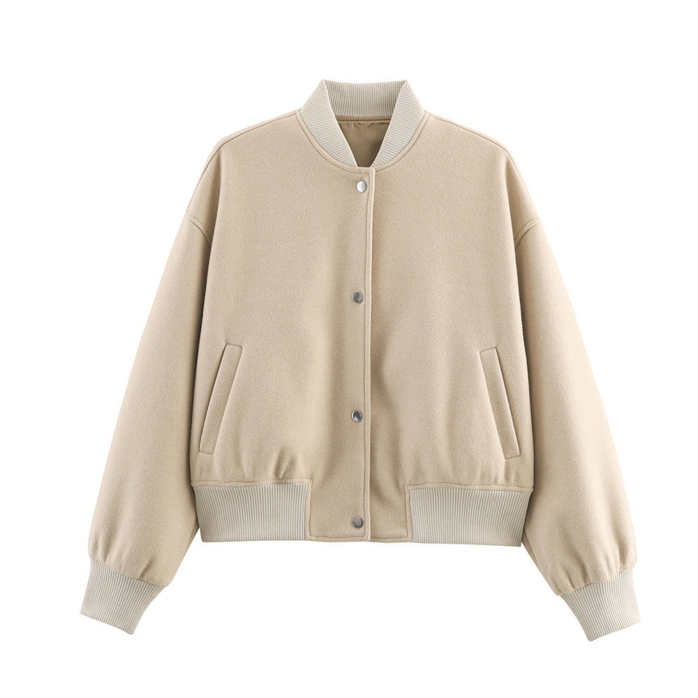 Ladies short boxy bomber jacket with ribbed collar, snap button closure, and pockets Chichicherry