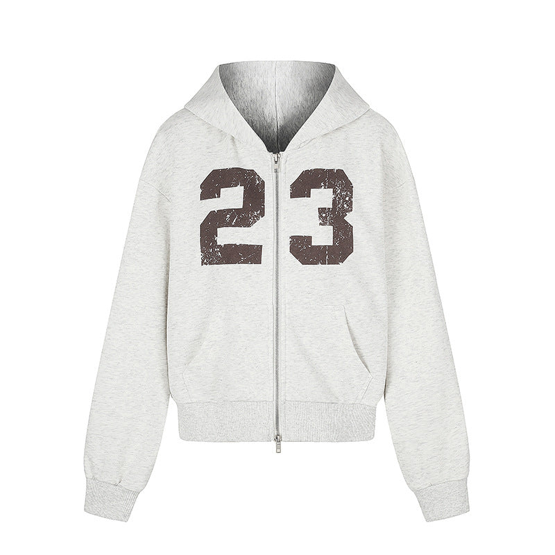 Women's Hooded Sweat Jacket in Retro Sports Style with Used Front Print and Kangaroo Pockets Chichicherry