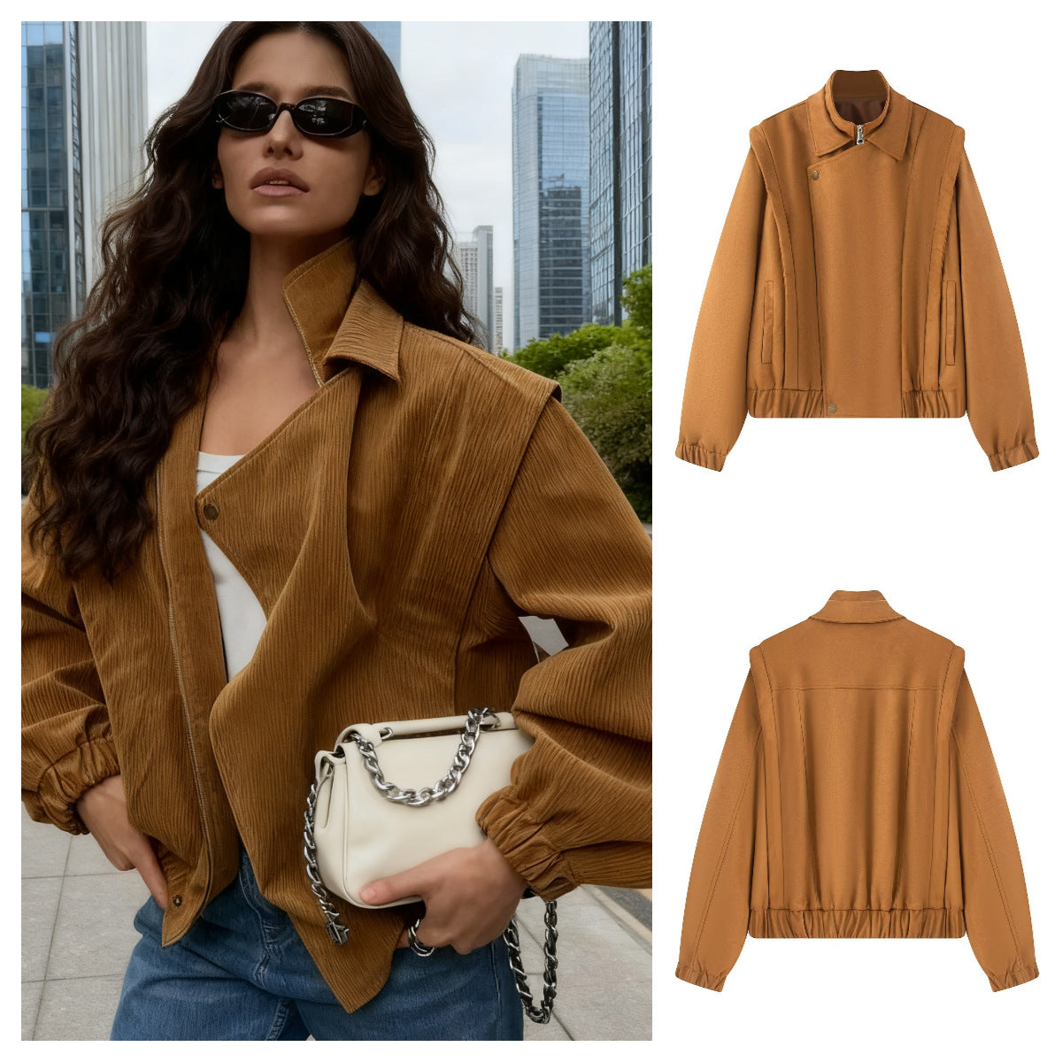 Women's short bomber-style jacket with stand-up collar and asymmetrical snap button placket Chichicherry
