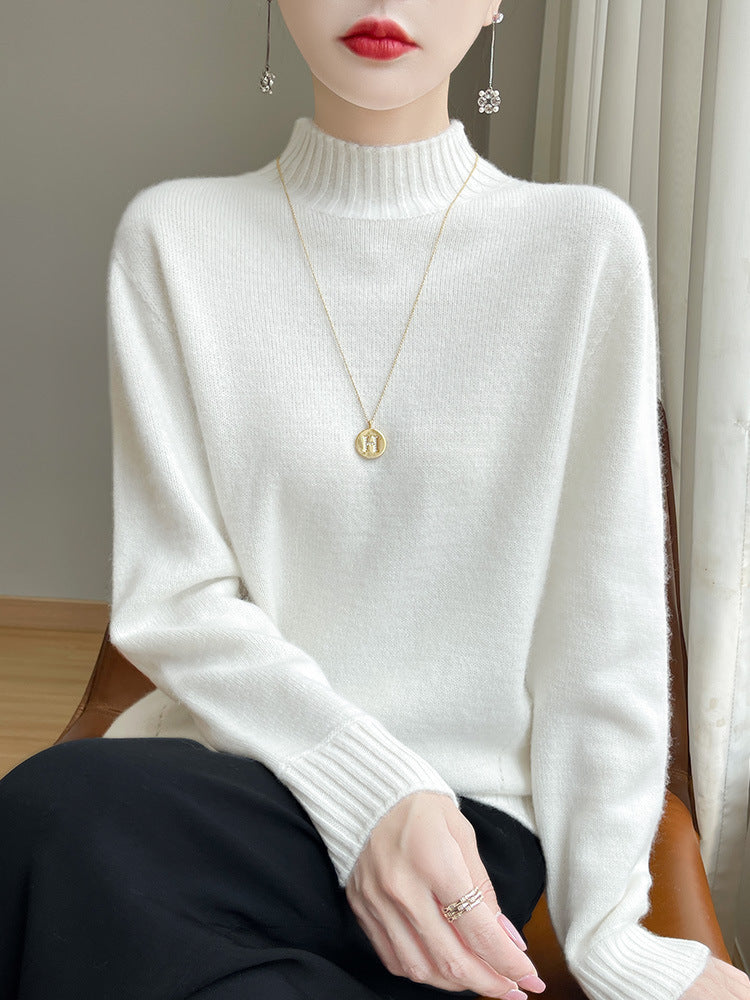 Women's Luxury Soft Midweight Mock Neck Sweater in Angora Look with Fine Rib and Relaxed Silhouette Chichicherry