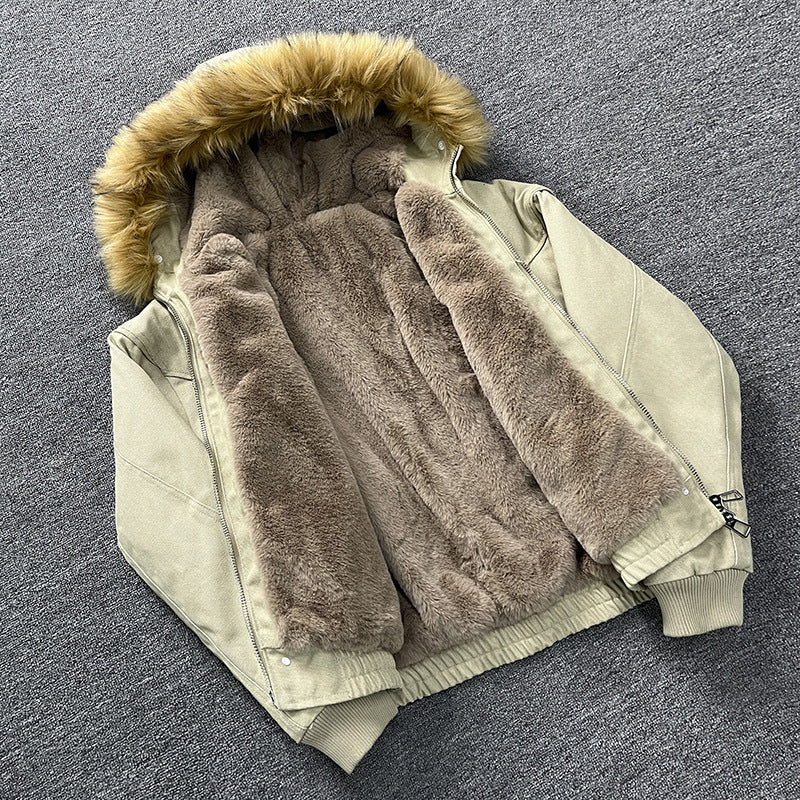 Unisex Wattierte Bomberjacke mit großer Kapuze und Kunstfellbesatz Chichicherry