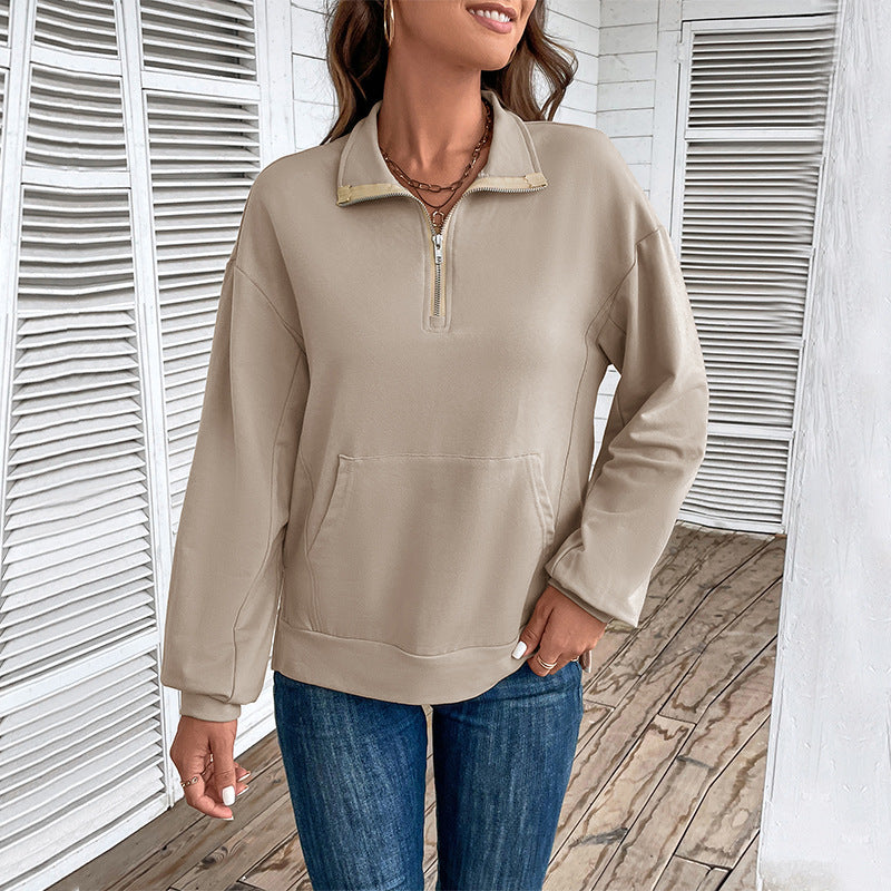 Women's Lightweight Half-Zip Sweatshirt in Relaxed Fit with Kangaroo Pocket and Stand-Up Collar Chichicherry