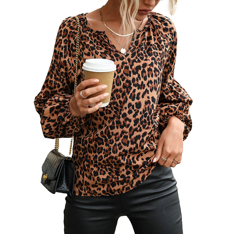 Women's leopard print blouse with V-neck, balloon sleeves, and loose fit Chichicherry