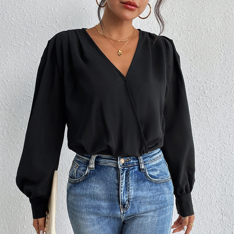 Women's Lightweight Wrap Blouse with V-Neck, Gathered Shoulders & Balloon Sleeves Chichicherry