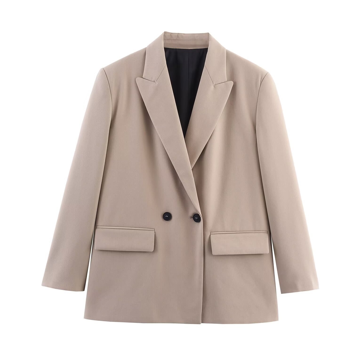 Women's Double-Breasted Blazer with Lapel Collar, Longer Oversized Cut and Flap Pockets Chichicherry