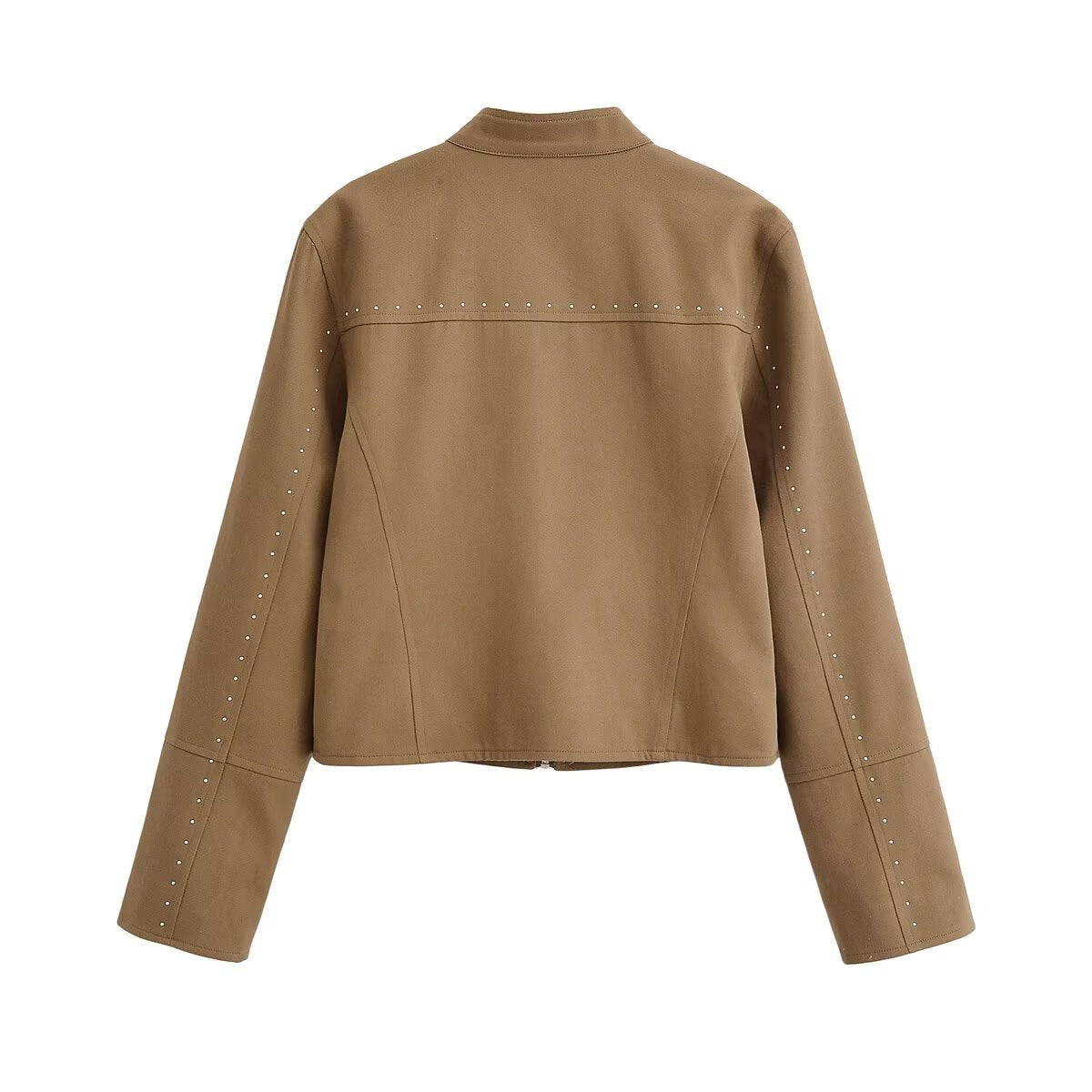 Women Short Velvet Look Jacket with Stand-Up Collar, Decorative Seams, Stud Application and Zip Pockets Chichicherry