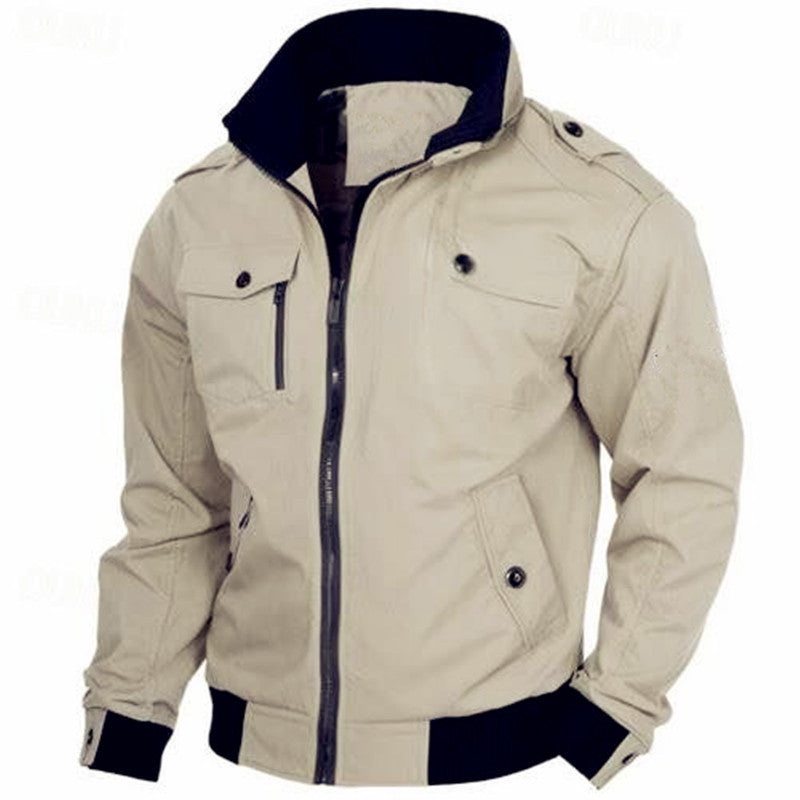 Men's Canvas Field Bomber Jacket with Stand Collar, Epaulettes and Ribbed Cuffs Chichicherry